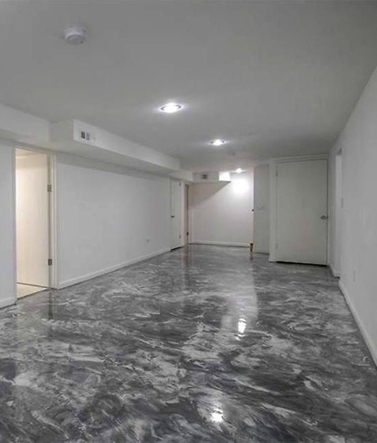 Grey marbled metallic epoxy basement floor